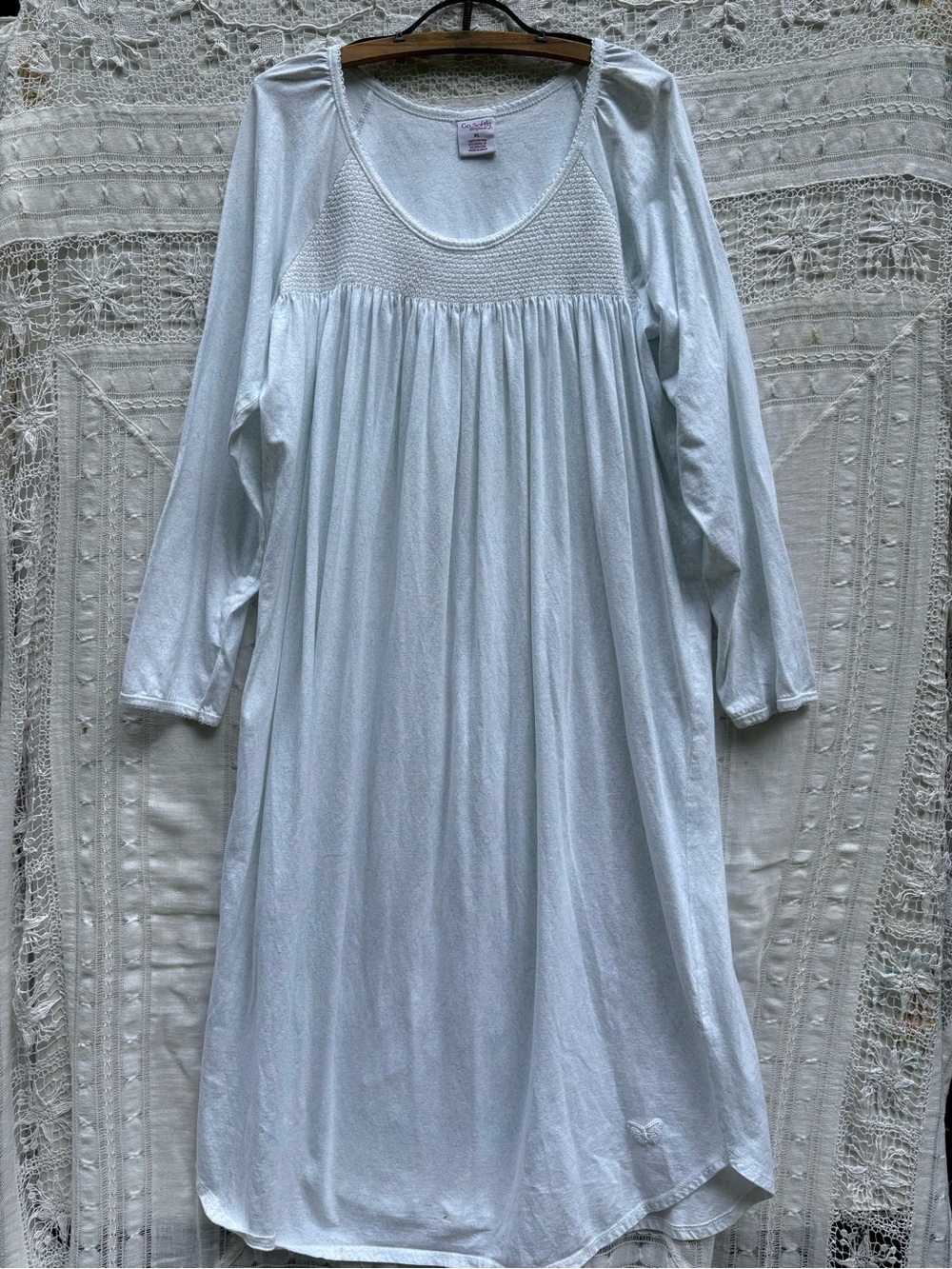 White with light blue pattern Cotton Smocked Nightgown XL